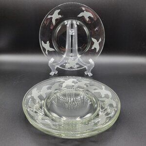 Vintage Set of 4 Engraved Duck Birds Salad Dessert Clear Glass Plate Elegant 8"